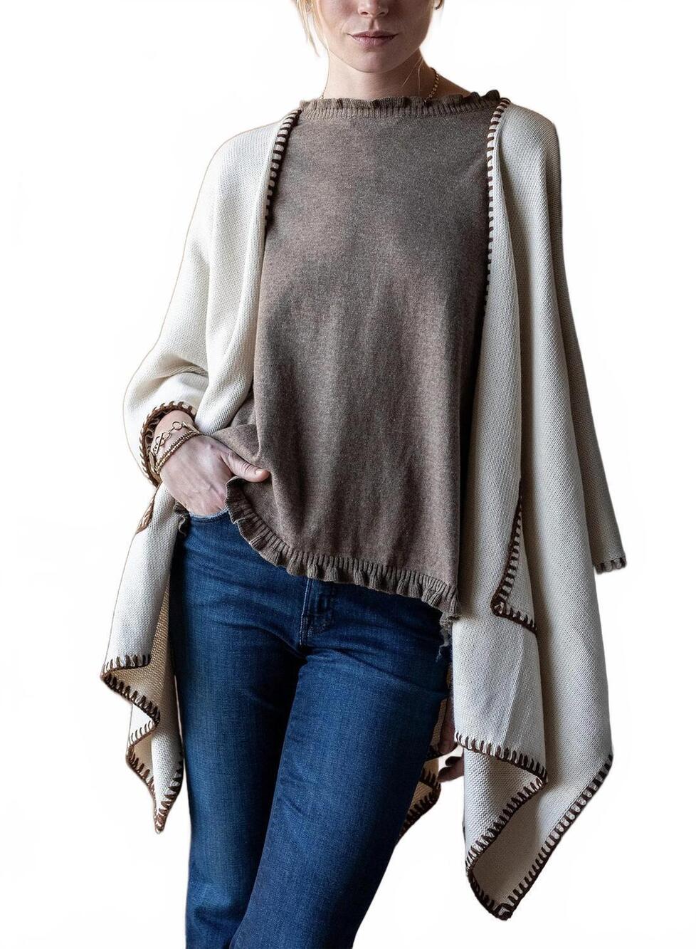 NEW MERSEA whipstitch travel wrap in cream/bronze